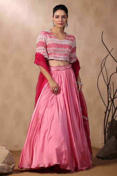Shop_Palak Khandelwal_Pink Satin Sequins, Pearls, Cut Work V-neck Hand Embroidered Blouse Skirt Set _Online_at_Aza_Fashions