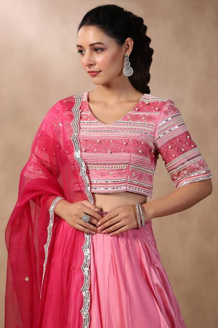 Palak Khandelwal_Pink Satin Sequins, Pearls, Cut Work V-neck Hand Embroidered Blouse Skirt Set _at_Aza_Fashions