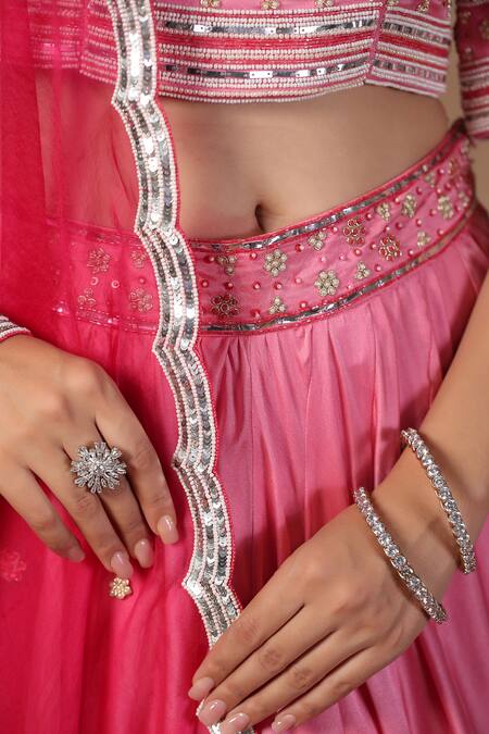 Shop_Palak Khandelwal_Pink Satin Sequins, Pearls, Cut Work V-neck Hand Embroidered Blouse Skirt Set 