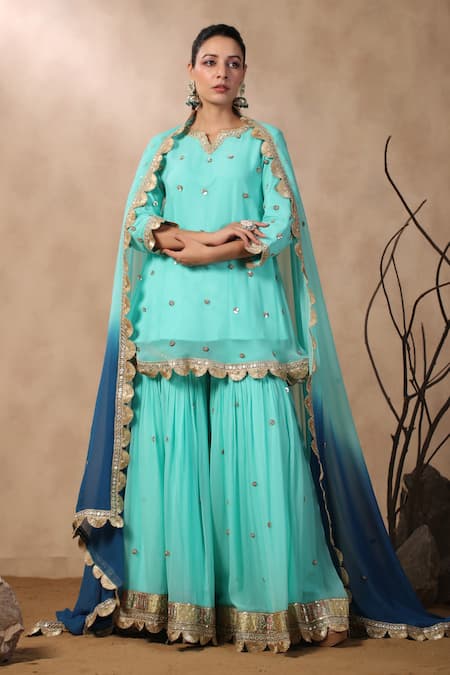 Palak Khandelwal_Blue Georgette Sequins, Pearls Keyhole Neck Embroidered Short Kurta Sharara Set _Online_at_Aza_Fashions