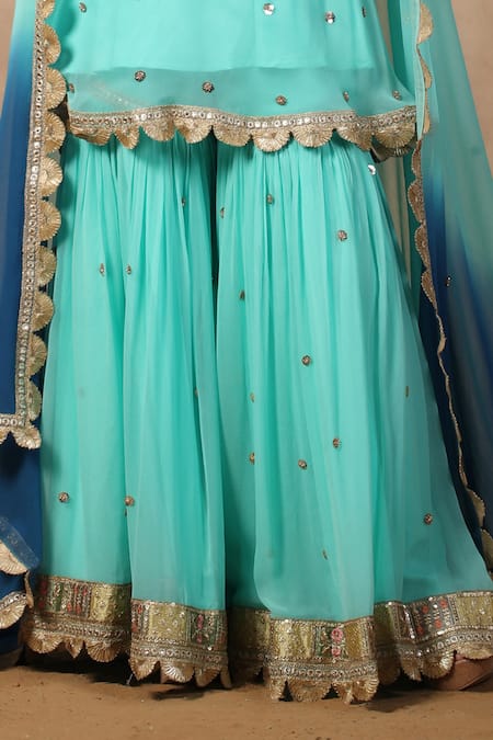 Buy_Palak Khandelwal_Blue Georgette Sequins, Pearls Keyhole Neck Embroidered Short Kurta Sharara Set _Online_at_Aza_Fashions