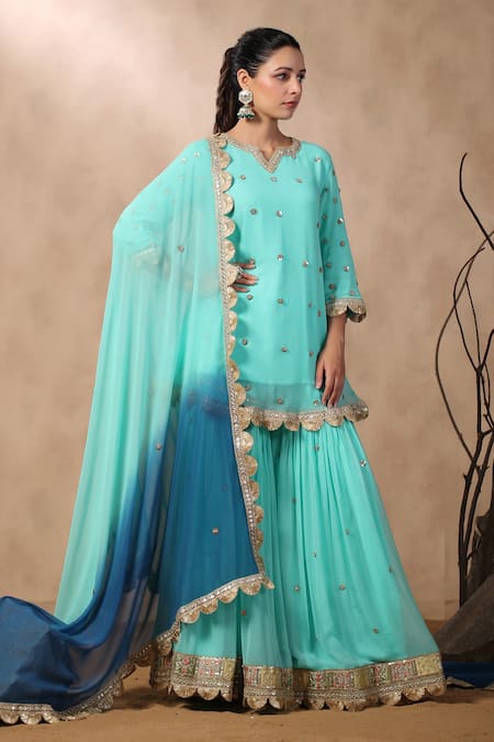 Shop_Palak Khandelwal_Blue Georgette Sequins, Pearls Keyhole Neck Embroidered Short Kurta Sharara Set _Online_at_Aza_Fashions