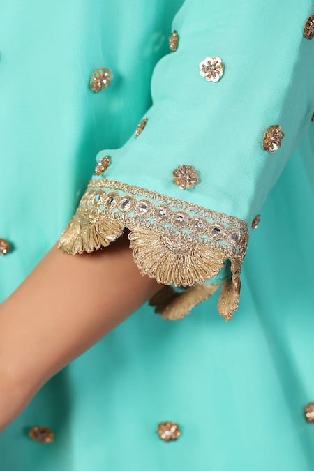 Buy_Palak Khandelwal_Blue Georgette Sequins, Pearls Keyhole Neck Embroidered Short Kurta Sharara Set 