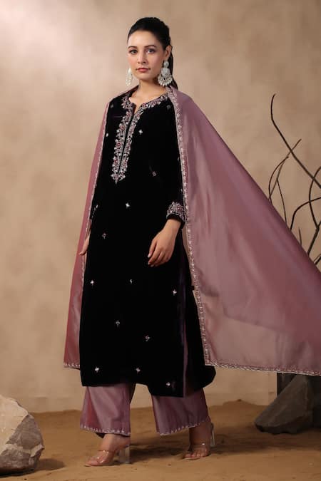 Shop_Palak Khandelwal_Purple Velvet, Chanderi Cut Work, Embroidery, Sequins Split V-neck Kurta Set _Online_at_Aza_Fashions