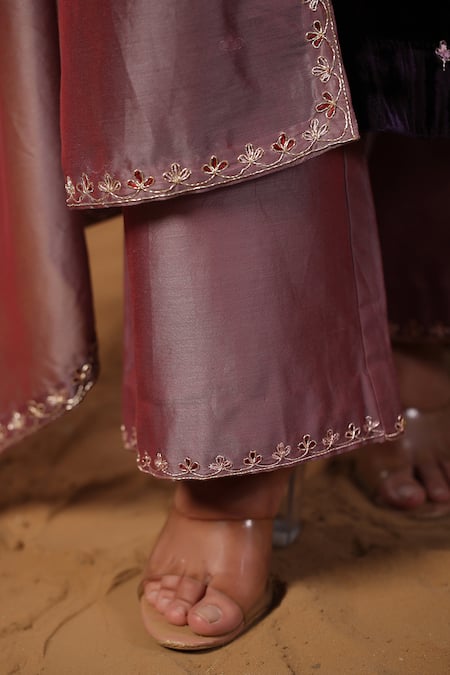 Shop_Palak Khandelwal_Purple Velvet, Chanderi Cut Work, Embroidery, Sequins Split V-neck Kurta Set 