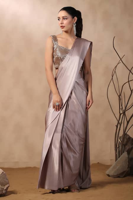 Palak Khandelwal_Pink Satin, Crepe Cut Work, Embroidery Pre-draped Saree With Hand Blouse _Online_at_Aza_Fashions