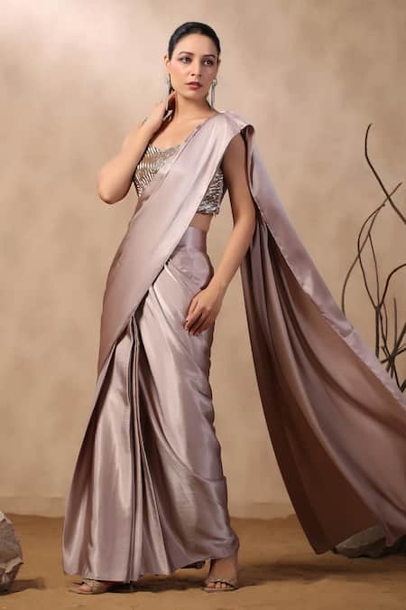 Buy_Palak Khandelwal_Pink Satin, Crepe Cut Work, Embroidery Pre-draped Saree With Hand Blouse _Online_at_Aza_Fashions