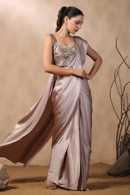 Shop_Palak Khandelwal_Pink Satin, Crepe Cut Work, Embroidery Pre-draped Saree With Hand Blouse _Online_at_Aza_Fashions