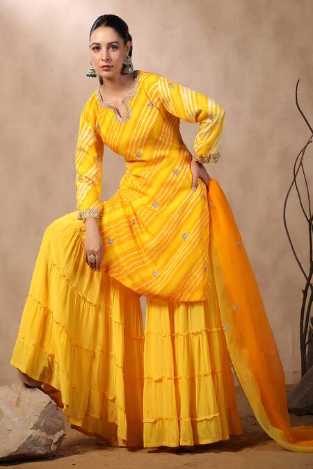 Buy_Palak Khandelwal_Yellow Silk, Organza Embroidery, Sequins, Leheriya Pattern Kurta Sharara Set _Online_at_Aza_Fashions