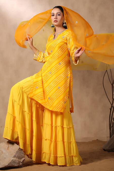 Shop_Palak Khandelwal_Yellow Silk, Organza Embroidery, Sequins, Leheriya Pattern Kurta Sharara Set _Online_at_Aza_Fashions
