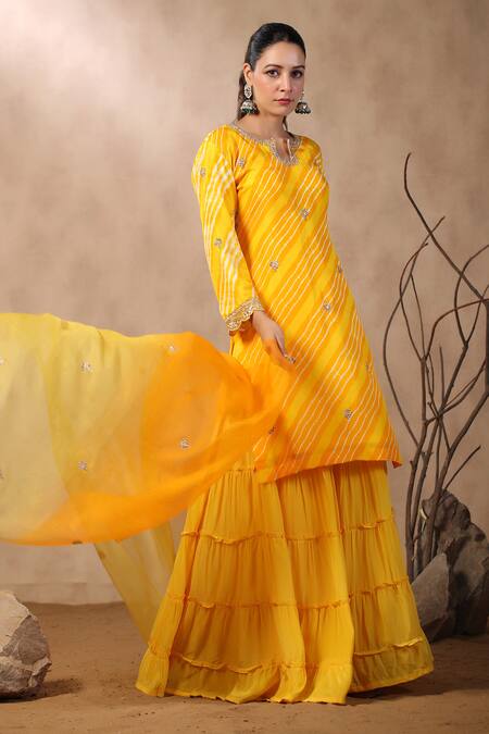 Palak Khandelwal_Yellow Silk, Organza Embroidery, Sequins, Leheriya Pattern Kurta Sharara Set _at_Aza_Fashions