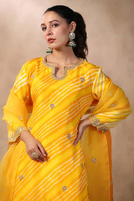 Shop_Palak Khandelwal_Yellow Silk, Organza Embroidery, Sequins, Leheriya Pattern Kurta Sharara Set 