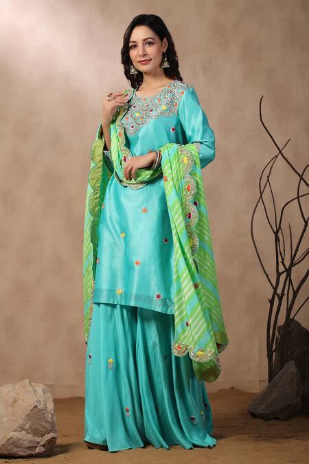 Palak Khandelwal_Blue Silk Sequins, Pearls, Gota Embroidered Sharara Set With Leheriya Dupatta _Online_at_Aza_Fashions