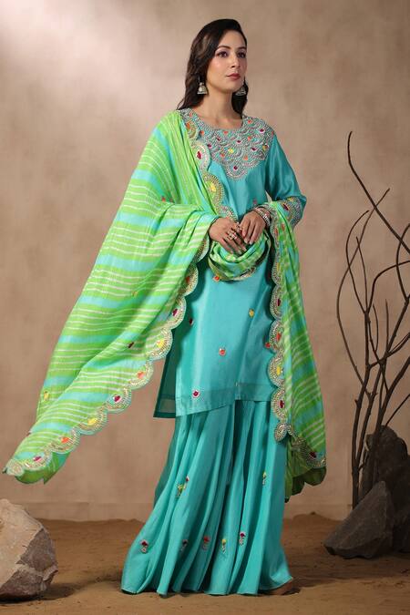 Buy_Palak Khandelwal_Blue Silk Sequins, Pearls, Gota Embroidered Sharara Set With Leheriya Dupatta _Online_at_Aza_Fashions