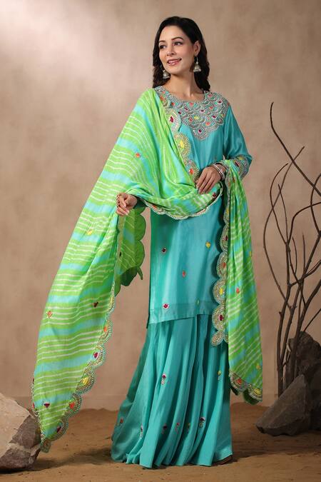 Shop_Palak Khandelwal_Blue Silk Sequins, Pearls, Gota Embroidered Sharara Set With Leheriya Dupatta _Online_at_Aza_Fashions