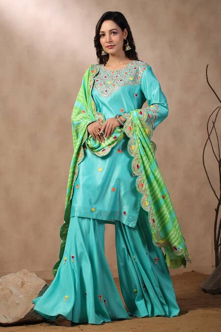 Palak Khandelwal_Blue Silk Sequins, Pearls, Gota Embroidered Sharara Set With Leheriya Dupatta _at_Aza_Fashions
