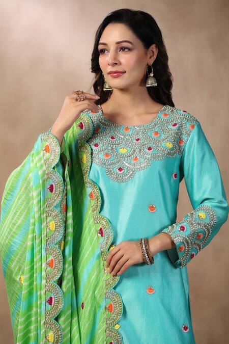 Buy_Palak Khandelwal_Blue Silk Sequins, Pearls, Gota Embroidered Sharara Set With Leheriya Dupatta 