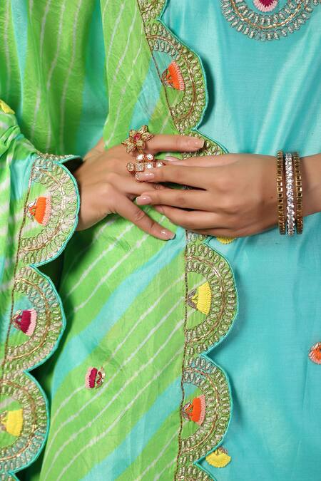 Shop_Palak Khandelwal_Blue Silk Sequins, Pearls, Gota Embroidered Sharara Set With Leheriya Dupatta 