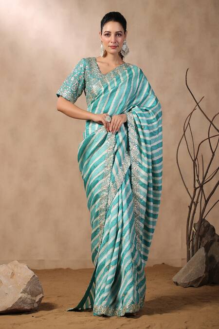Buy_Palak Khandelwal_Green Silk Gota Patti, Sequins, Pearls V-neck Leheriya Saree With Blouse _Online_at_Aza_Fashions