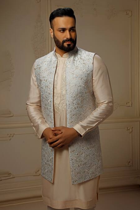 Vanshik_Blue Silk Embroidery Bloom Garden Bundi Set _Online_at_Aza_Fashions