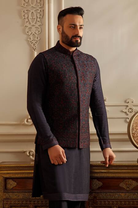 Vanshik_Navy Silk Embroidery Bloom Garden Bundi Kurta Set _Online_at_Aza_Fashions
