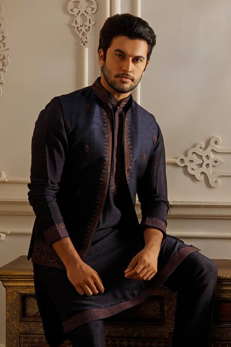 Vanshik_Blue Silk Embroidery Vine Garden Bundi Set _Online_at_Aza_Fashions