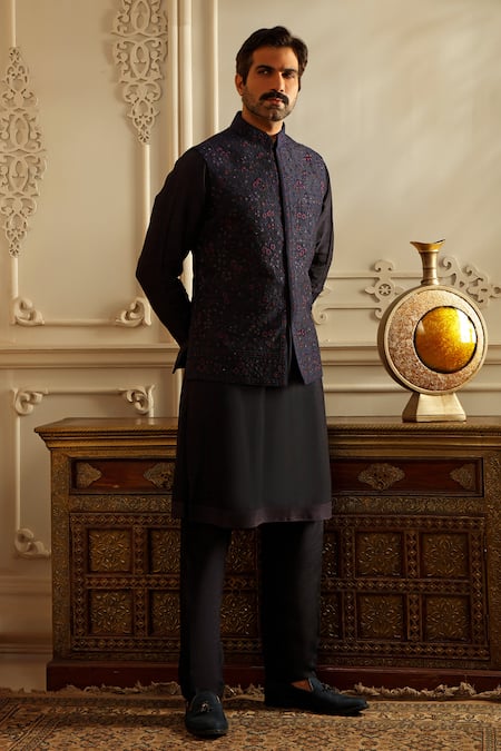 Vanshik Petunia Garden Embroidered Bundi Kurta Set 