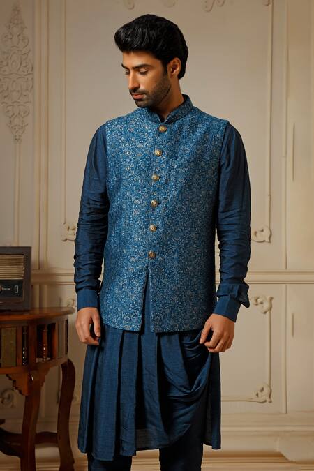Vanshik_Blue Silk Embroidery Teal Floral Bundi Set_Online_at_Aza_Fashions
