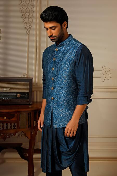 Buy_Vanshik_Blue Silk Embroidery Teal Floral Bundi Set_Online_at_Aza_Fashions