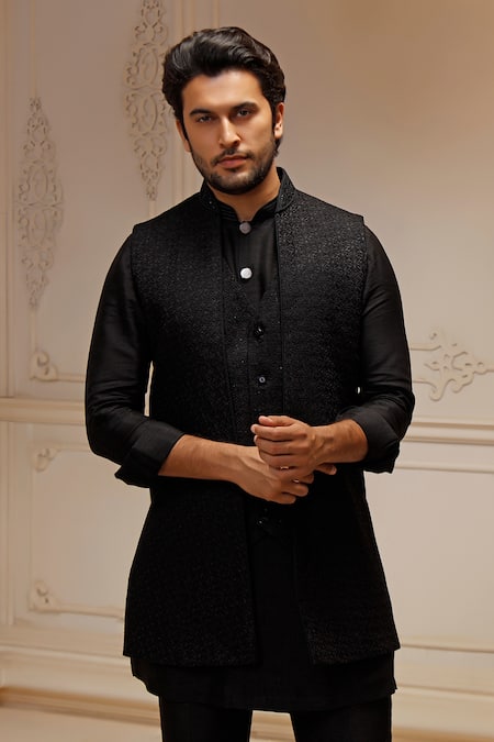 Vanshik_Black Silk Embroidery Bloom Flora Bundi Kurta Set _Online_at_Aza_Fashions