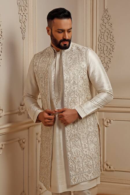 Vanshik_Off White Silk Embroidery Resham Pearl Flora Bundi Kurta Set _Online_at_Aza_Fashions