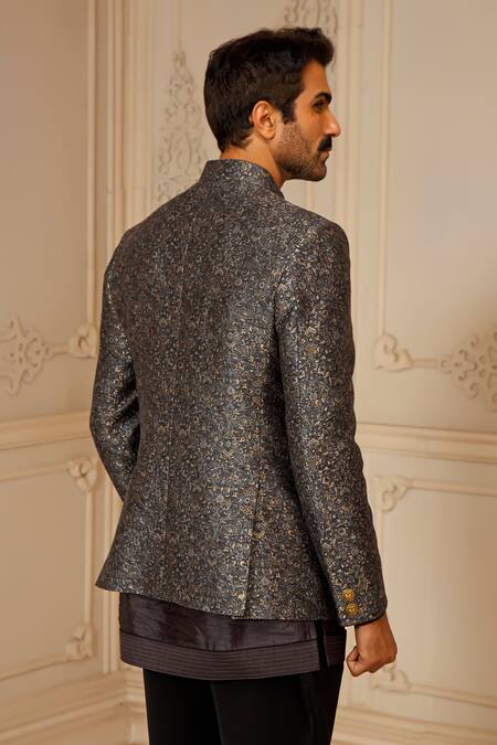 Shop_Vanshik_Grey Silk Embroidery Gardenia Jodhpuri Bandhgala With Kurta_at_Aza_Fashions
