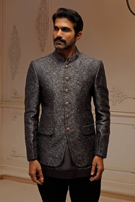 Vanshik_Grey Silk Embroidery Gardenia Jodhpuri Bandhgala With Kurta_Online_at_Aza_Fashions
