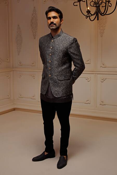 Buy_Vanshik_Grey Silk Embroidery Gardenia Jodhpuri Bandhgala With Kurta_Online_at_Aza_Fashions