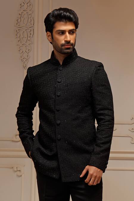 Vanshik_Black Silk Embroidery Flora Swirl Motif Bandhgala _Online_at_Aza_Fashions