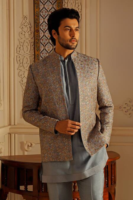Vanshik_Blue Silk Embroidery Mughal Garden Jacket Kurta Set _Online_at_Aza_Fashions