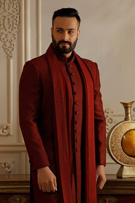 Vanshik_Maroon Silk Embroidery Resham Sequin Sherwani Set _Online_at_Aza_Fashions