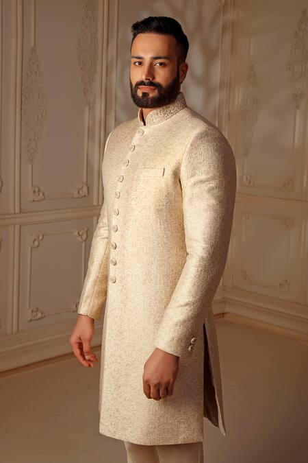 Vanshik Cream Silk Mughal Bloom Pattern Sherwani Set Online at Aza Fashions Vanshik_Cream Silk Mughal Bloom Pattern Sherwani Set_Online_at_Aza_Fashions