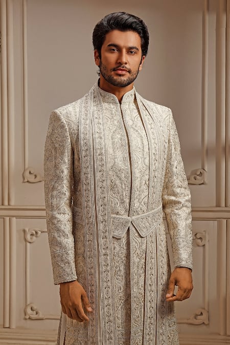 Vanshik Off White Silk Embroidery Resham Pearl Bloom Sherwani Set Online at Aza Fashions Vanshik_Off White Silk Embroidery Resham Pearl Bloom Sherwani Set _Online_at_Aza_Fashions