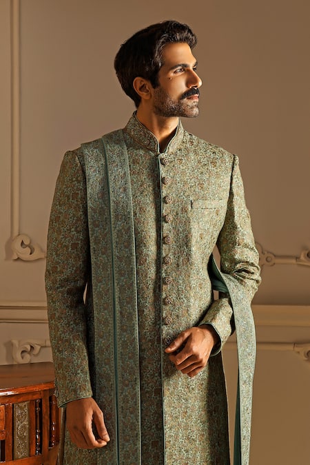 Vanshik_Green Silk Embroidery Floral Garden Sherwani Set _Online_at_Aza_Fashions