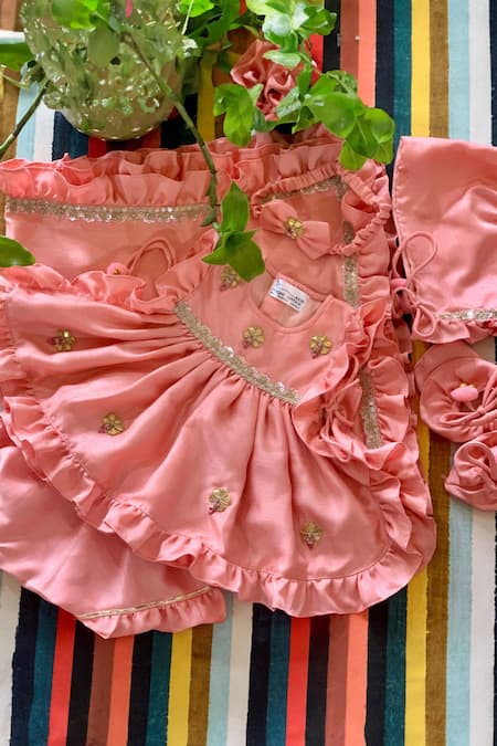 Rage Attire-Sweta Saria Peach Cotton, Silk Embroidery, Sequins Flower Gota Jamna Dress Set