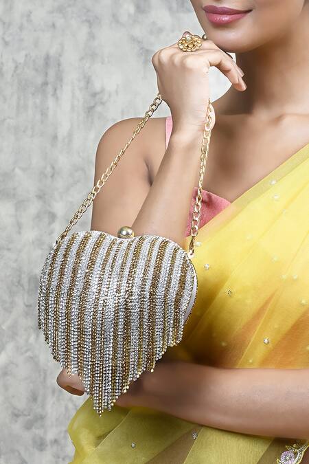 Aloha By PS_Gold Studs, Tassels Love Story Heart Clutch _at_Aza_Fashions