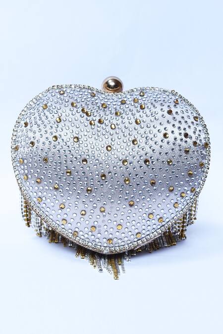 Shop_Aloha By PS_Silver Studs, Tassels Love Story Heart Shaped Embellished Clutch _Online_at_Aza_Fashions