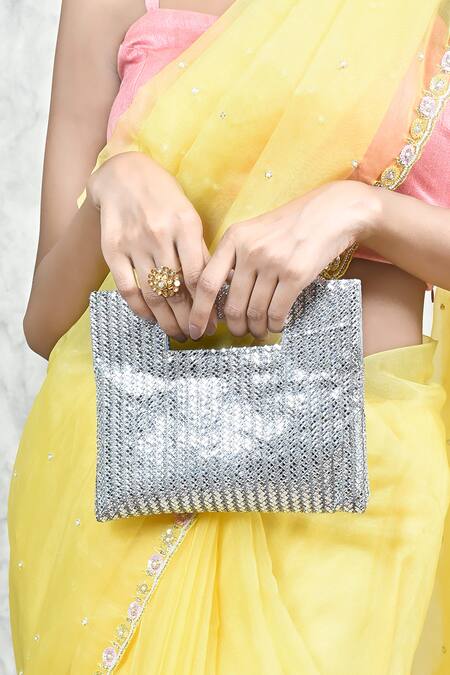 Aloha By PS Silver Mirrors, Diamonds Embellished Pouchette at Aza Fashions Aloha By PS_Silver Mirrors, Diamonds Embellished Pouchette_at_Aza_Fashions