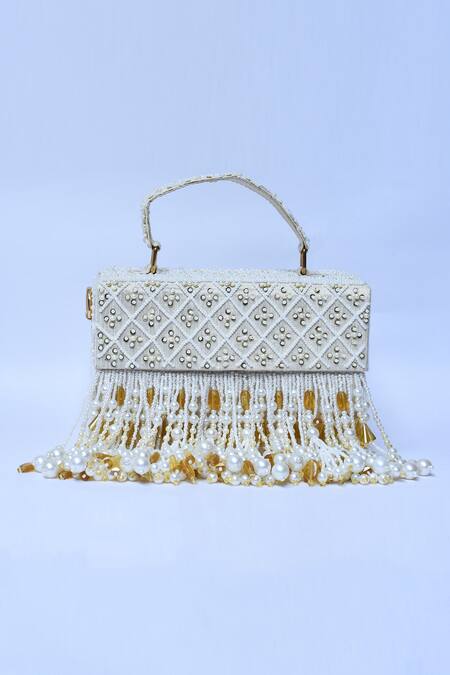 Aloha By PS_Off White Pearls, Crystals Noori Tassel Box Clutch_Online_at_Aza_Fashions