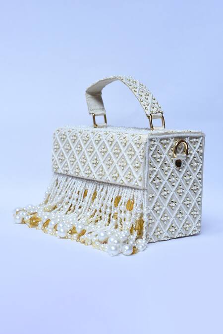 Buy_Aloha By PS_Off White Pearls, Crystals Noori Tassel Box Clutch_Online_at_Aza_Fashions