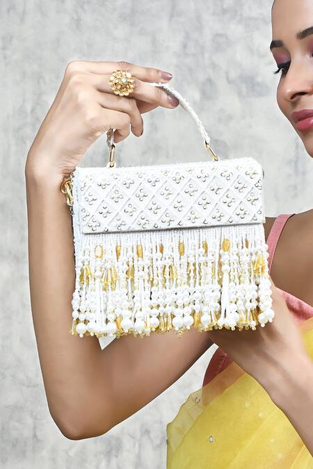 Aloha By PS Off White Pearls, Crystals Noori Tassel Box Clutch at Aza Fashions Aloha By PS_Off White Pearls, Crystals Noori Tassel Box Clutch_at_Aza_Fashions