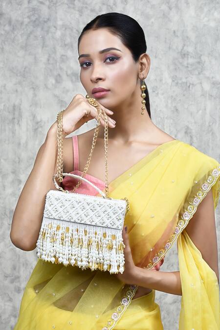 Buy_Aloha By PS_Off White Pearls, Crystals Noori Tassel Box Clutch