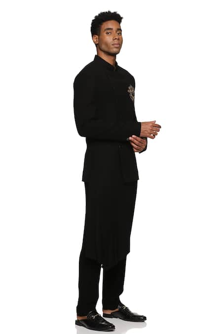 Paresh Lamba Signatures_Black Cupro Embroidered Floral Attached Side Drape Bandhgala  _Online_at_Aza_Fashions