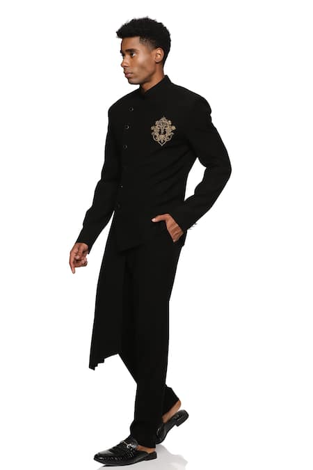 Buy_Paresh Lamba Signatures_Black Cupro Embroidered Floral Attached Side Drape Bandhgala  _Online_at_Aza_Fashions